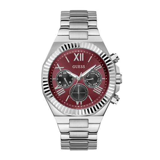 Guess Men's Watch Silver Tone Case Red Dial Multifunction Quartz