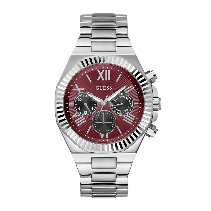 Guess Men's Watch Silver Tone Case Red Dial Multifunction Quartz