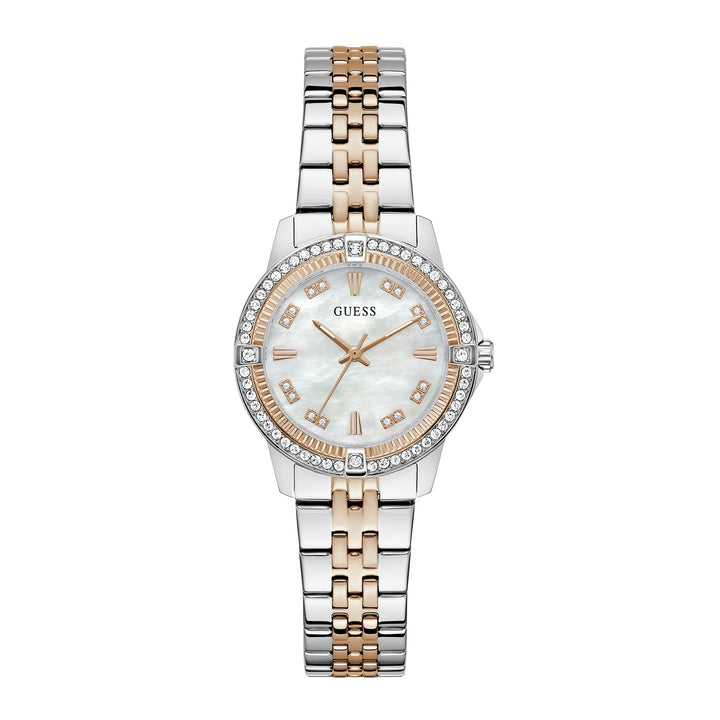 Guess Women's Watch Silver & Rose Gold Tone Case White Dial Quartz