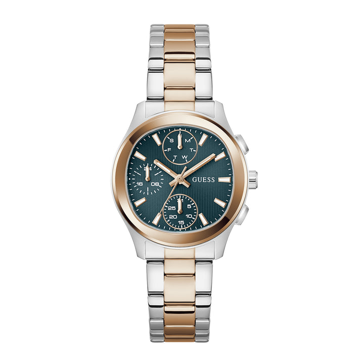 Guess Women's Watch Silver & Rose Gold Tone Case Teal Dial Multifunction Quartz