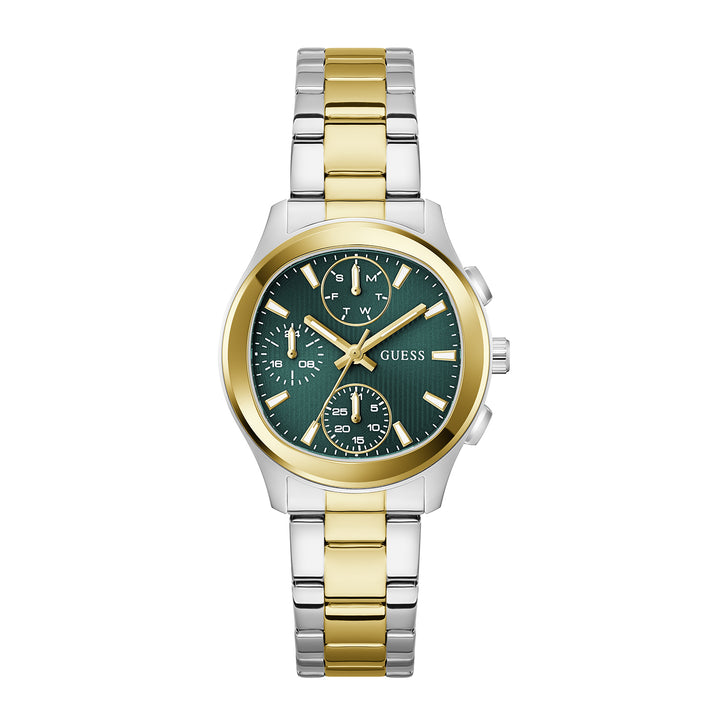 Guess Women's Watch Silver & Gold Tone Case Green Dial Multifunction Quartz