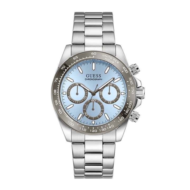 Guess Men's Watch Silver Tone Case Ice Blue Dial Chrono Quartz