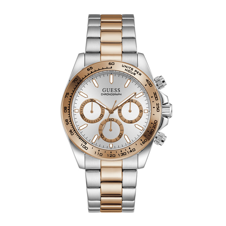 Guess Men's Watch Silver & Rose Gold Tone Case Silver Dial Chrono Quartz