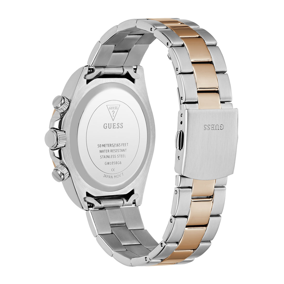 Guess Men's Watch Silver & Rose Gold Tone Case Silver Dial Chrono Quartz