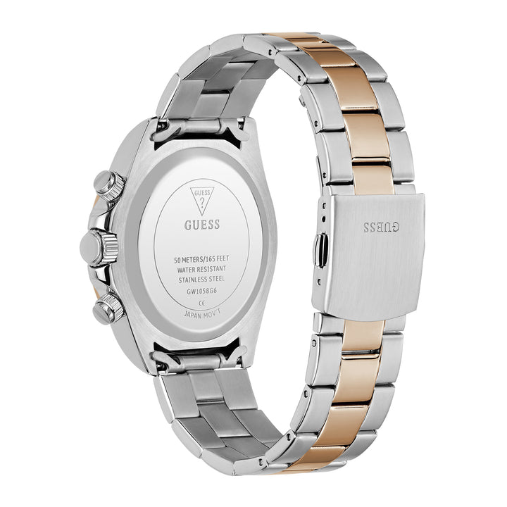 Guess Men's Watch Silver & Rose Gold Tone Case Silver Dial Chrono Quartz