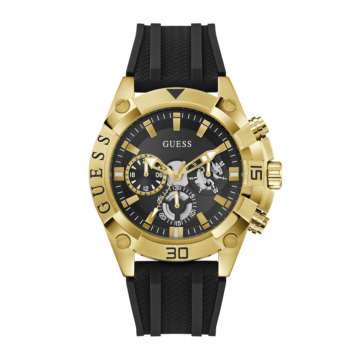 Guess Men's Watch Gold Tone Case Black Dial Multifunction Quartz