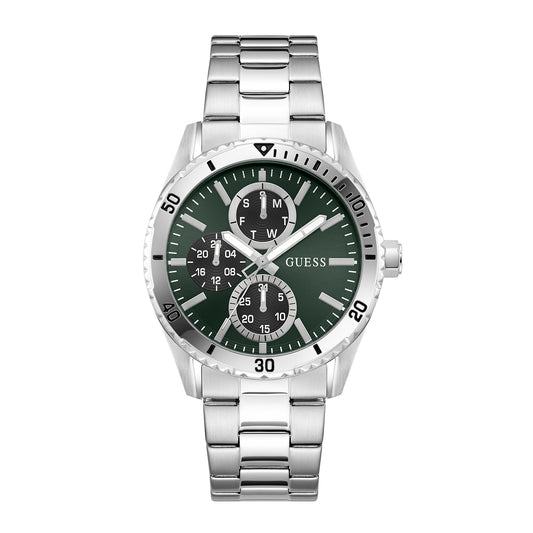 Guess Men's Watch Silver Tone Case Green Dial Multifunction Quartz