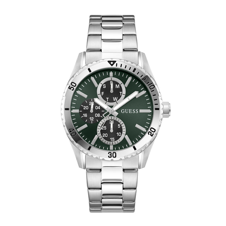 Guess Men's Watch Silver Tone Case Green Dial Multifunction Quartz