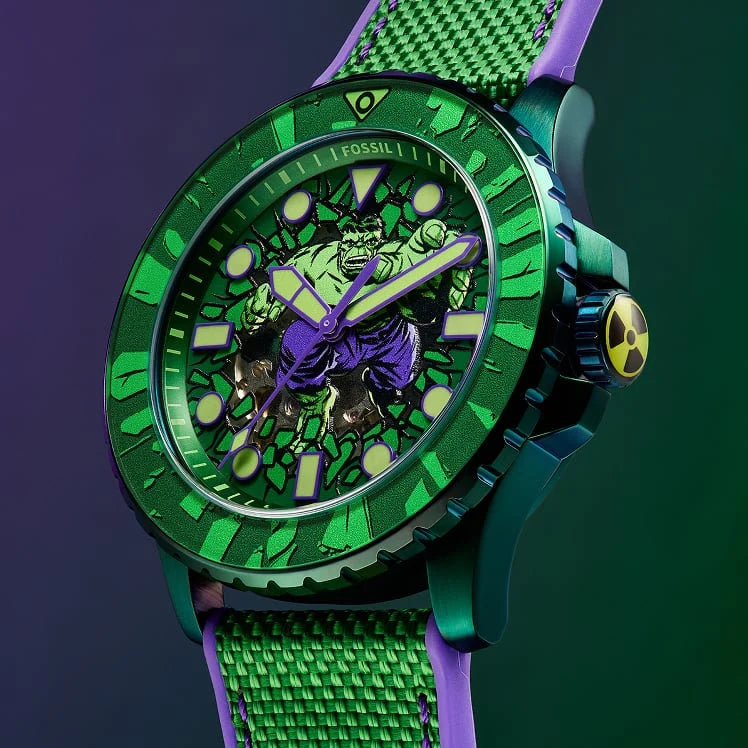 Hulk smashing through the skeletonized watch dial