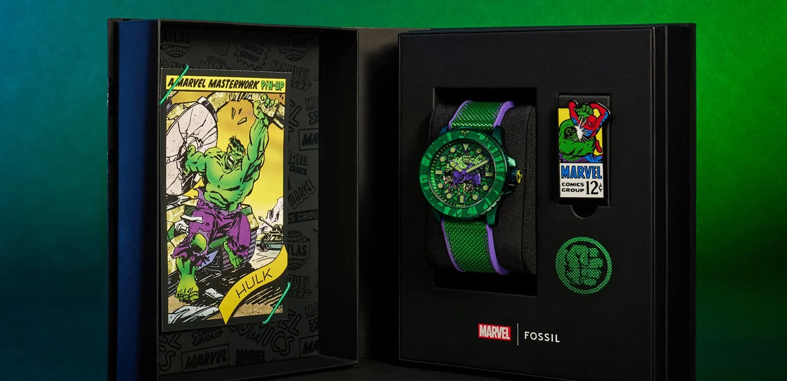 Comic-book-style packaging with authentic Marvel cover art and a Hulk lapel pin