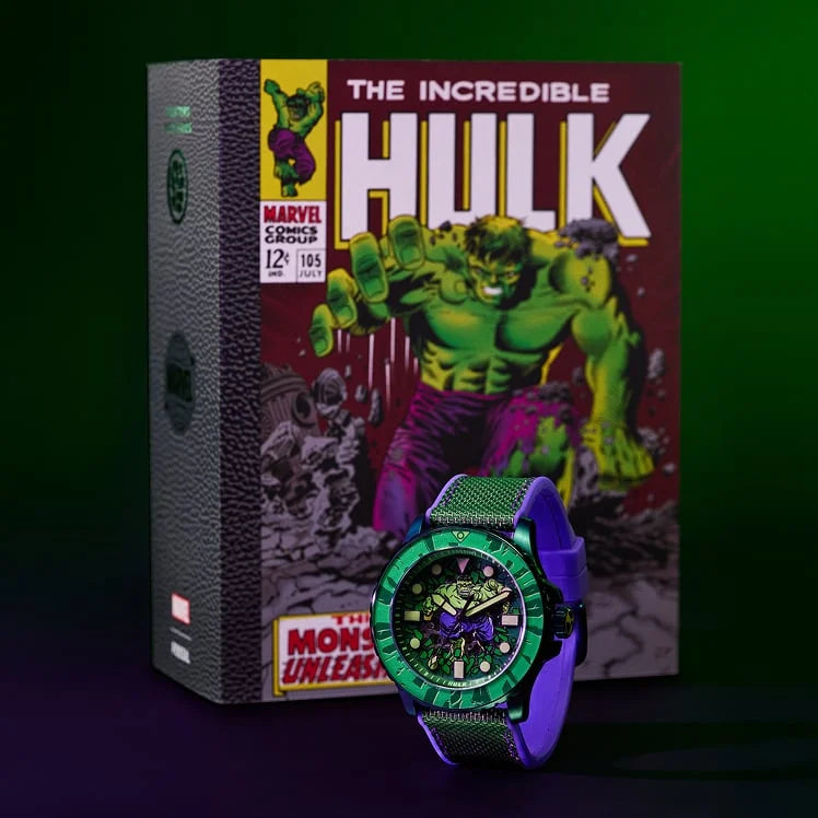 Green and purple Hulk watch displayed with its comic-book box