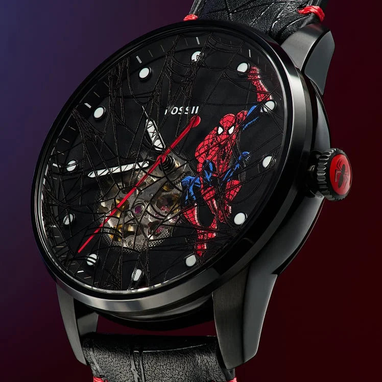 Spider-Man striking his classic pose over the exposed automatic movement