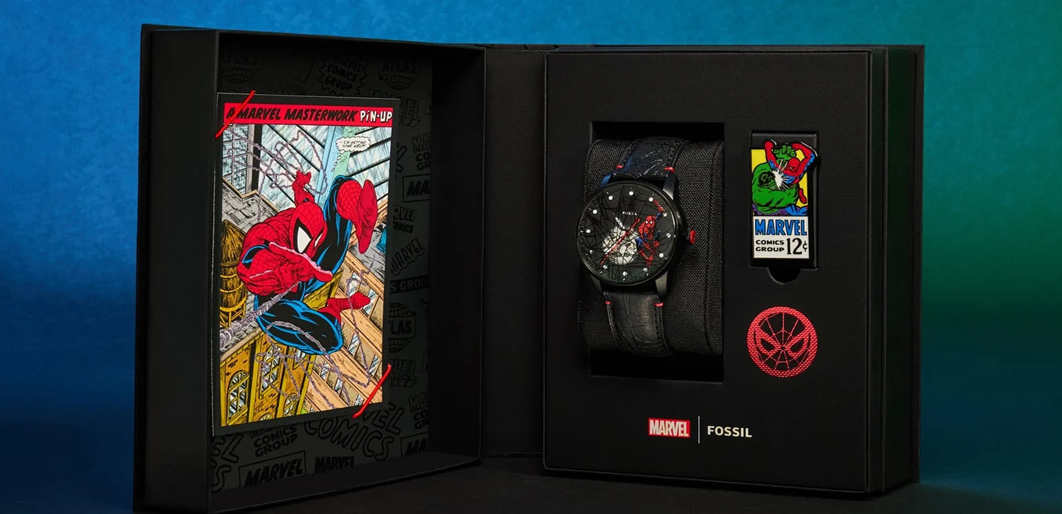 Comic-book-style packaging with authentic Marvel cover art and a lapel pin