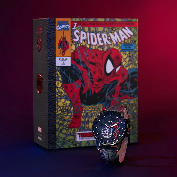 Spider-Man watch with lume details and red accents beside its box