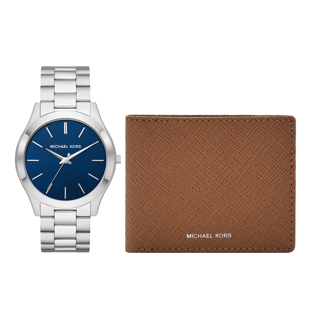 Michael Kors Slim Runway Men's Three-Hand Stainless Steel Watch and Luggage Saffiano Leather Wallet Set - MK1060SET