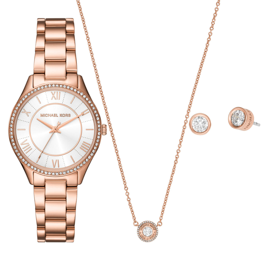 Michael Kors Lauryn Three-Hand Rose Gold-Tone Stainless Steel Watch, Earrings and Necklace Gift Set