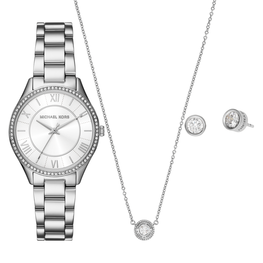 Michael Kors Lauryn Three-Hand Stainless Steel Watch, Earrings and Necklace Gift Set