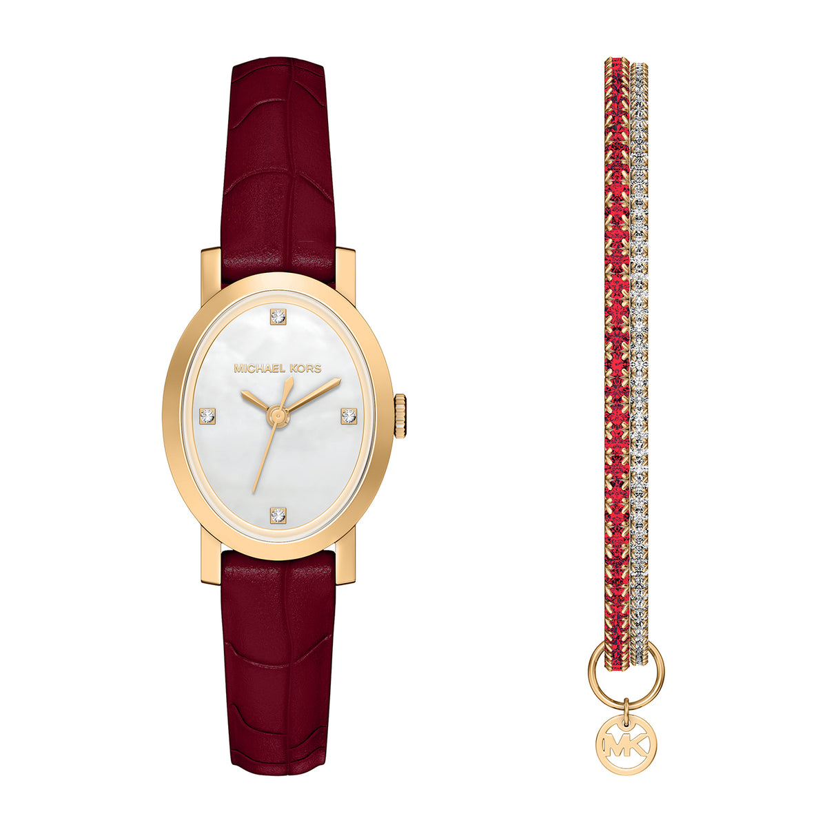 Michael Kors Women's Maude Three-Hand Red Leather Watch and Bracelet Set