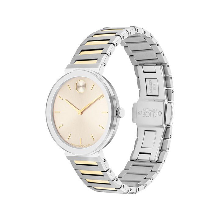 Movado Ladies Gold Dial Watch Silver Tone Case Quartz