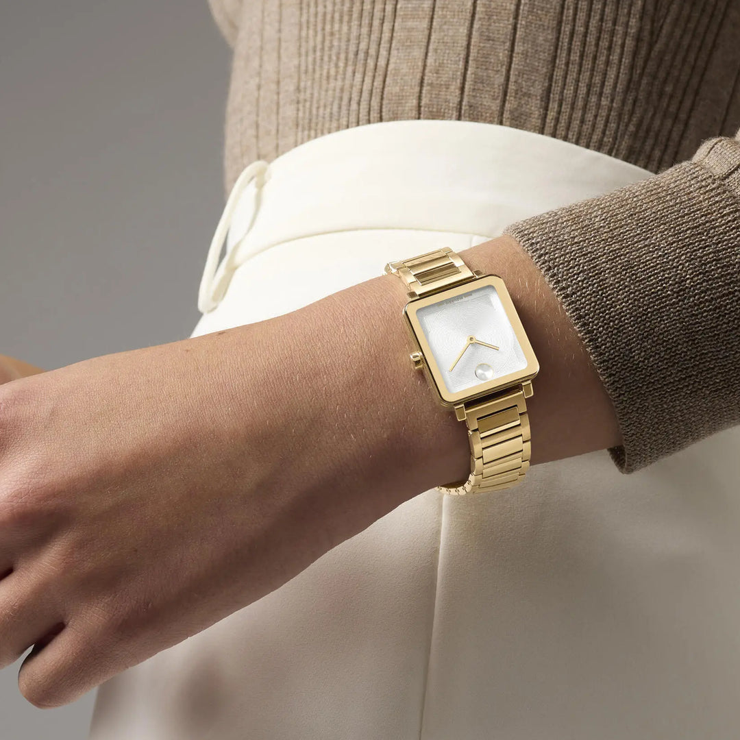 Movado Bold Ladies Watch Gold Tone Case White Dial Quartz