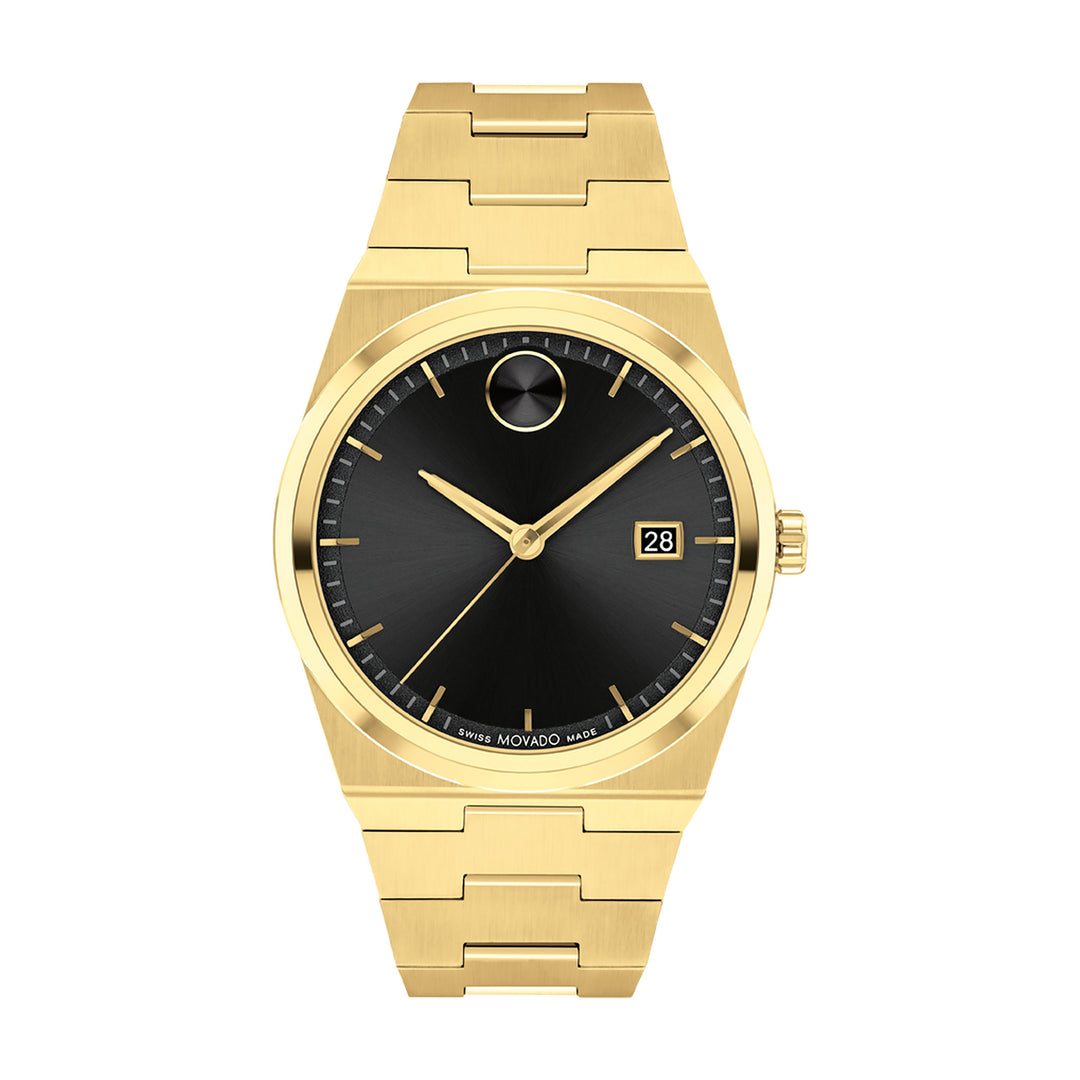 Movado Bold Men's Black Dial Watch Gold Tone Case Quartz