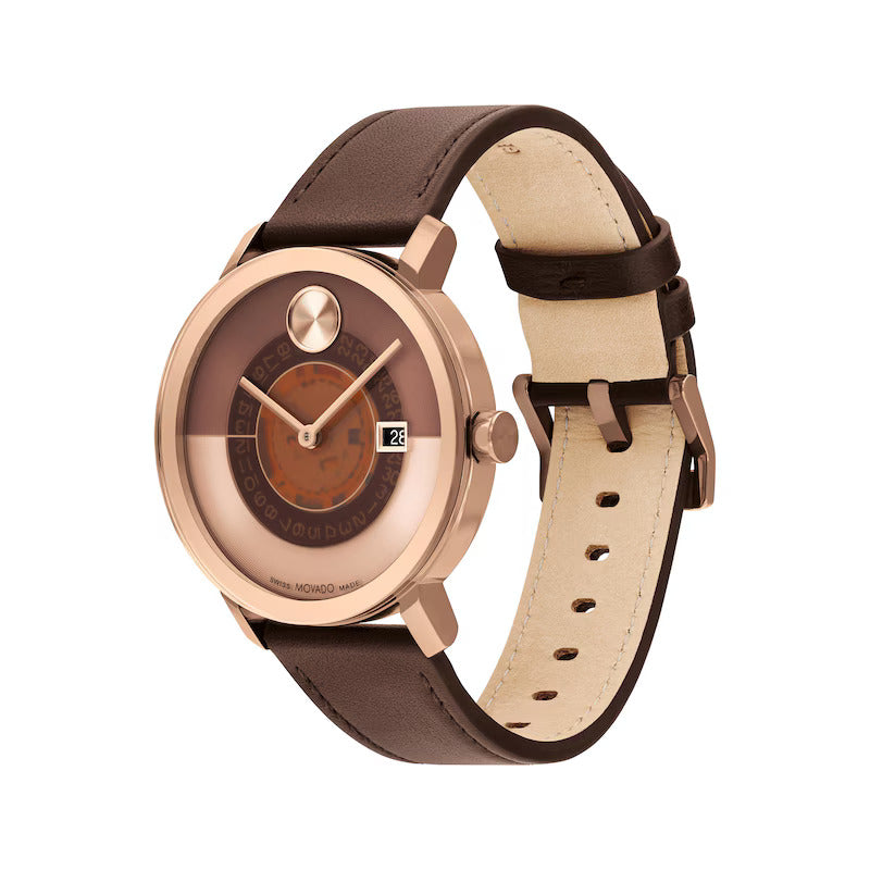 Movado Bold Men's Watch Rose Gold Tone Case Brown Dial Quartz