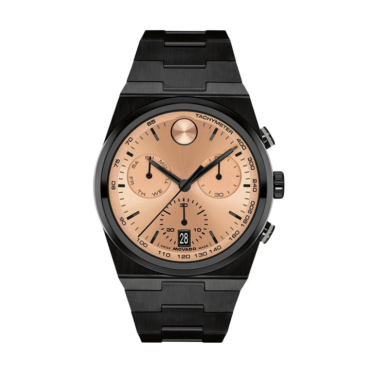 Movado Bold Men's Watch Black Tone Case Rose Gold Dial Quartz