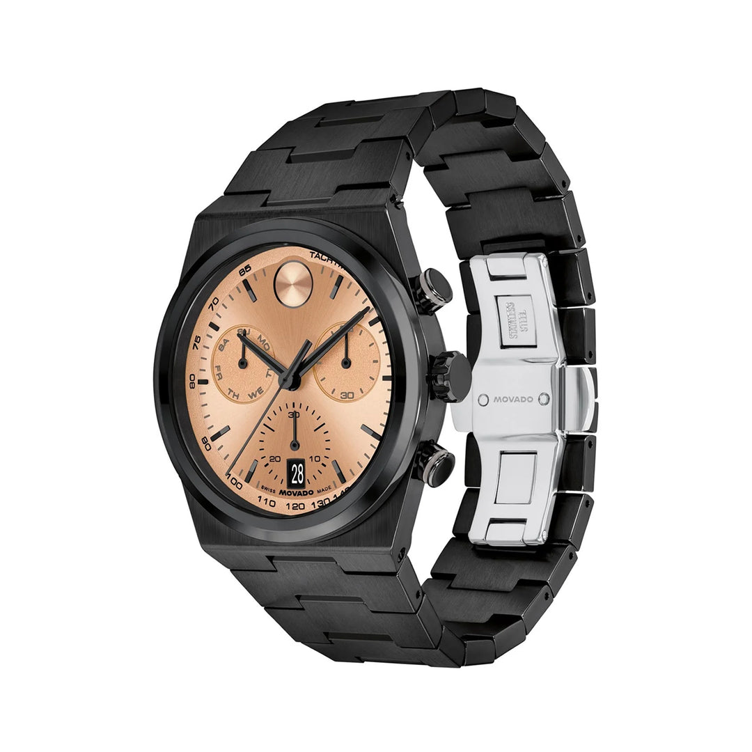 Movado Bold Men's Watch Black Tone Case Rose Gold Dial Quartz