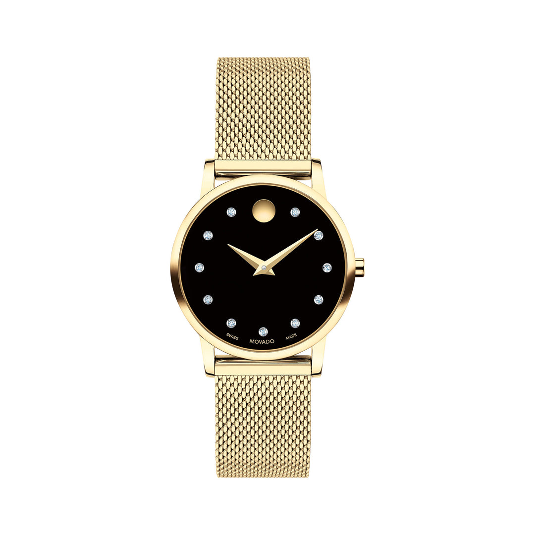 Movado Ladies Black Dial Watch Gold Tone Case Quartz