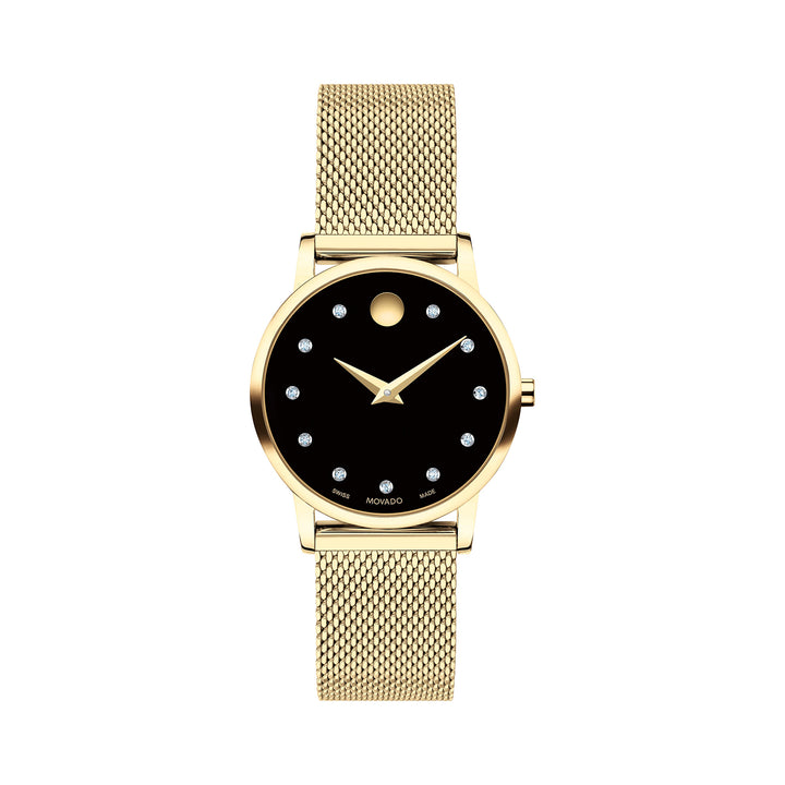 Movado Ladies Black Dial Watch Gold Tone Case Quartz