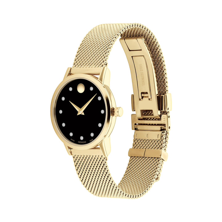 Movado Ladies Black Dial Watch Gold Tone Case Quartz