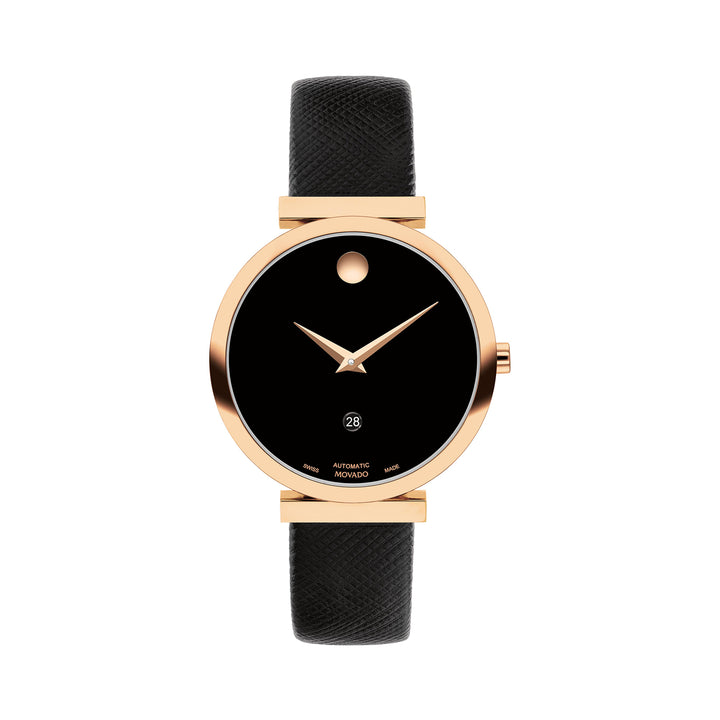 Movado Ladies Black Dial Watch Rose Gold Tone Case Auto