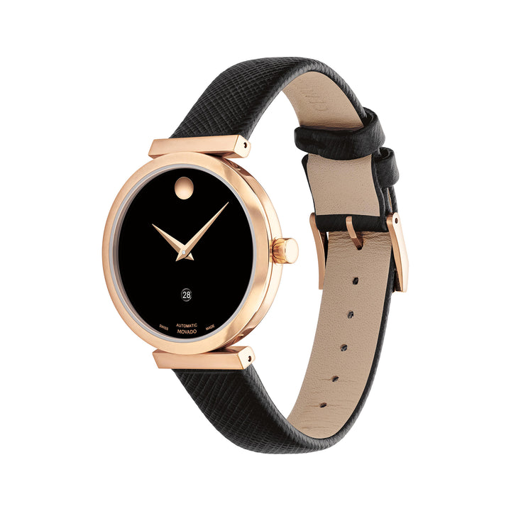 Movado Ladies Black Dial Watch Rose Gold Tone Case Auto