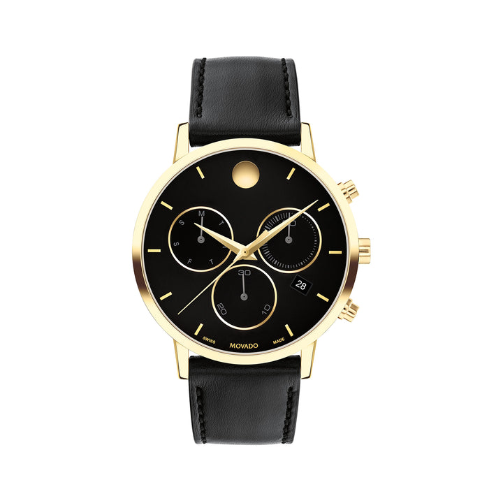 Movado Men's Black Dial Watch Gold Tone Case Quartz