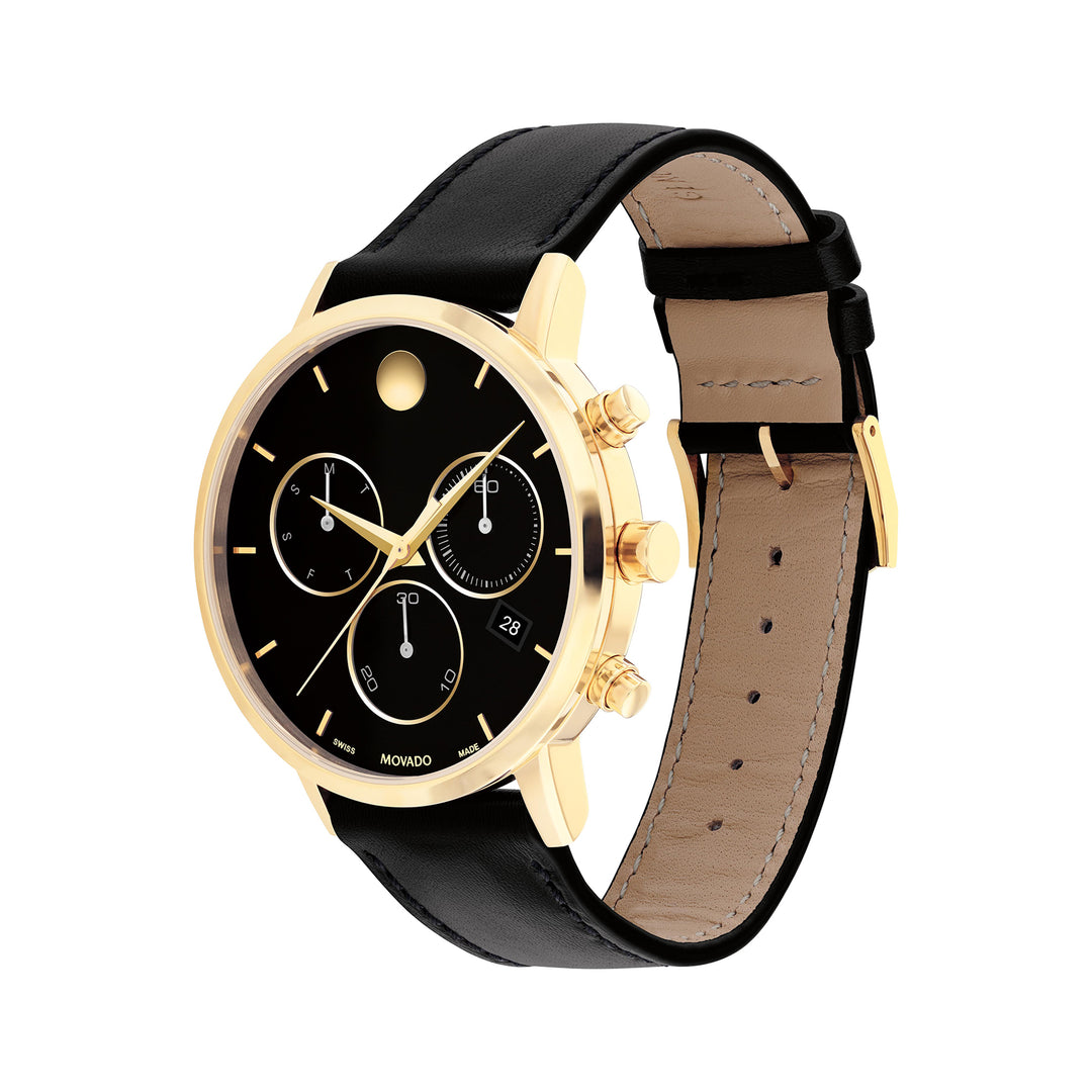 Movado Men's Black Dial Watch Gold Tone Case Quartz