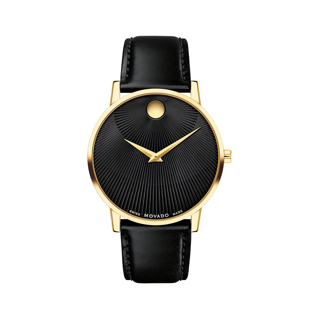 Movado Men's Black Dial Watch Gold Tone Case Quartz