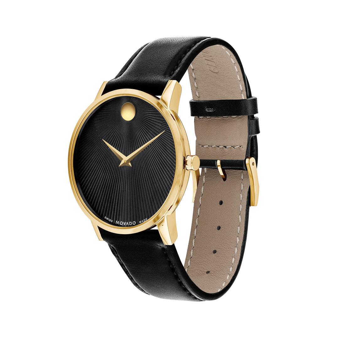 Movado Men's Black Dial Watch Gold Tone Case Quartz