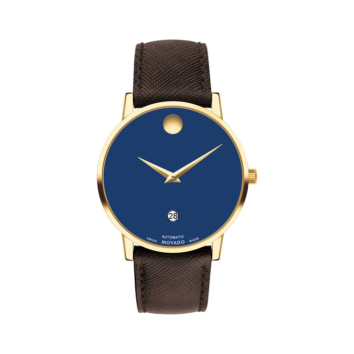 Movado Men's Blue Dial Watch Gold Tone Case Auto