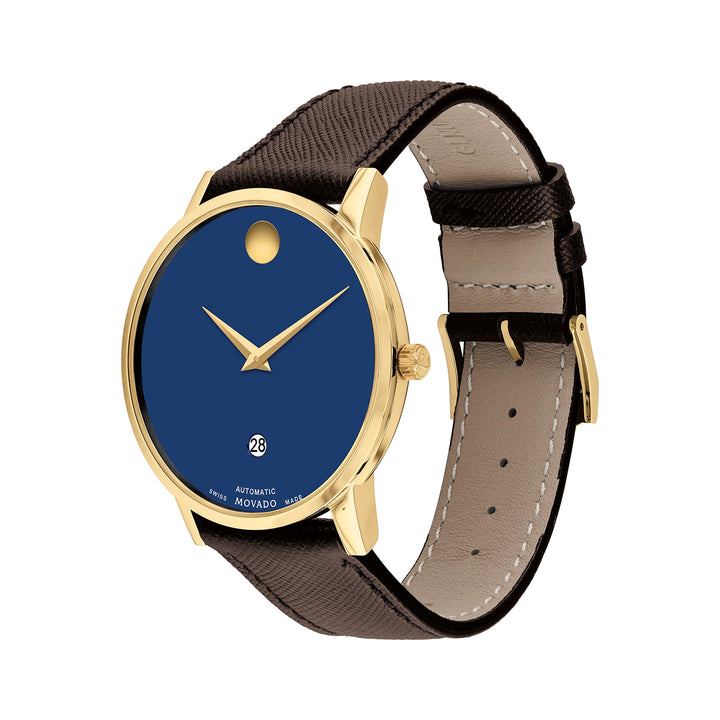 Movado Men's Blue Dial Watch Gold Tone Case Auto