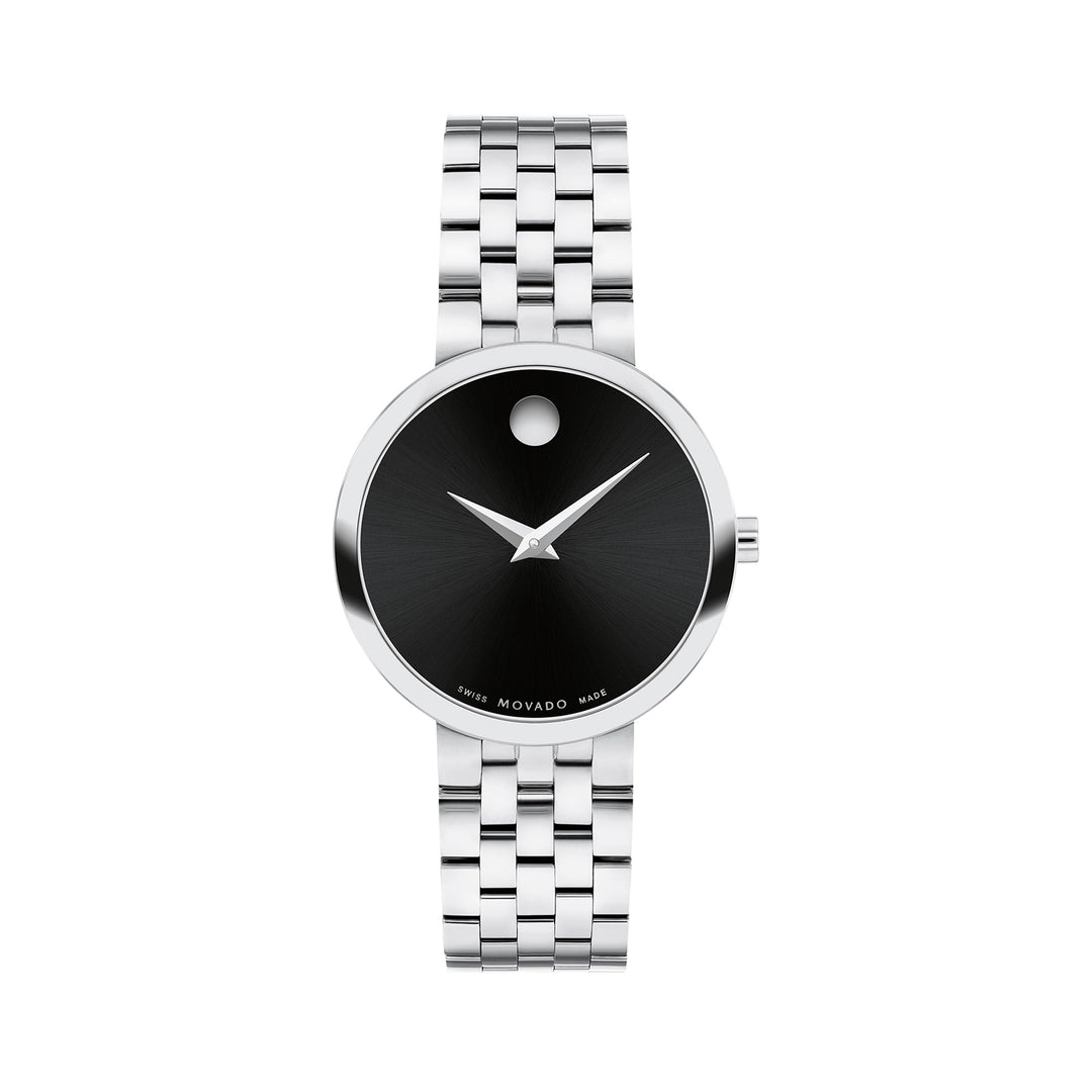 Movado Ladies Black Dial Watch Silver Tone Case Quartz