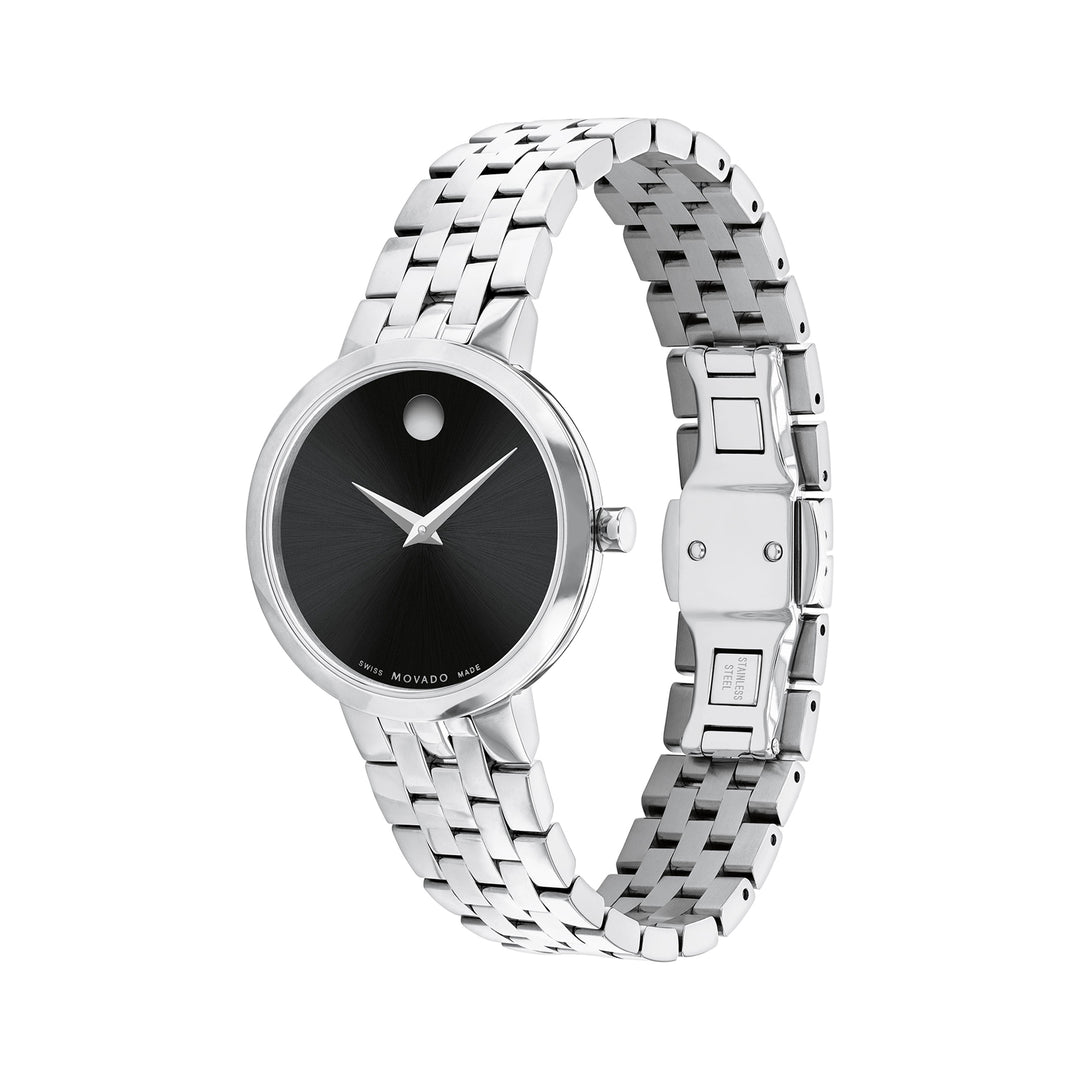 Movado Ladies Black Dial Watch Silver Tone Case Quartz