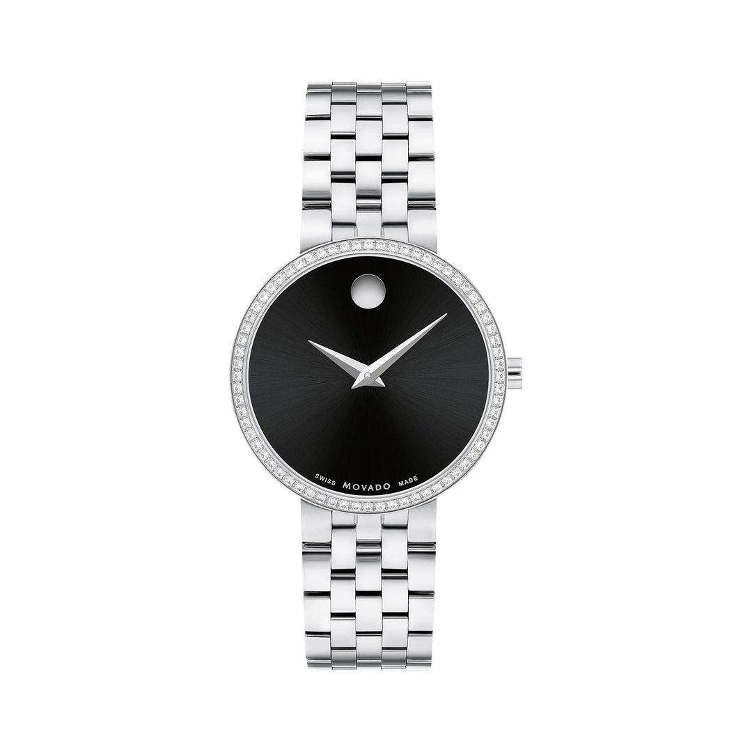 Movado Ladies Black Dial Watch Silver Tone Case Quartz