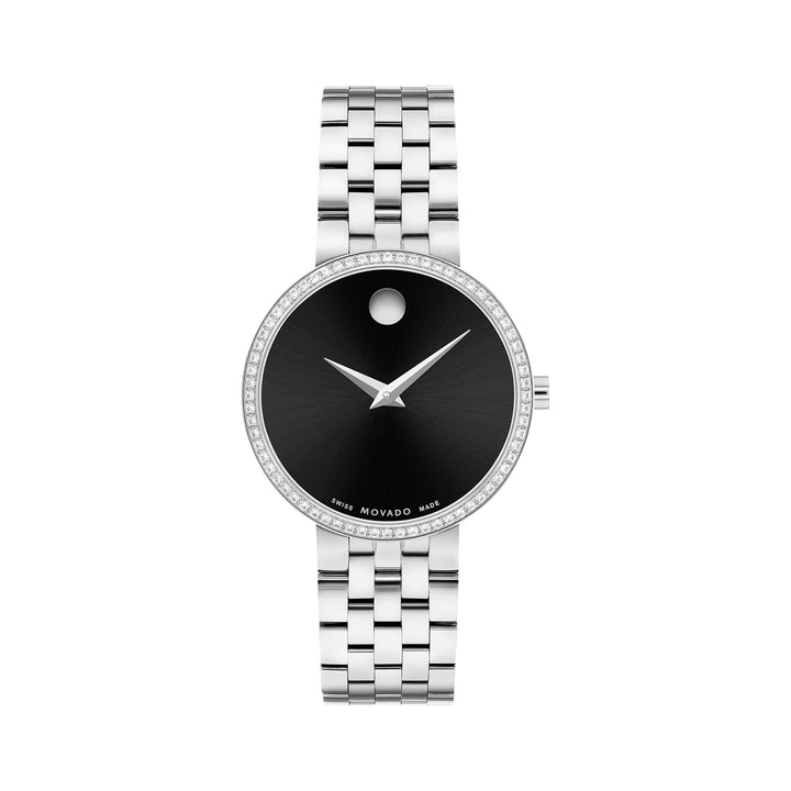 Movado Ladies Black Dial Watch Silver Tone Case Quartz