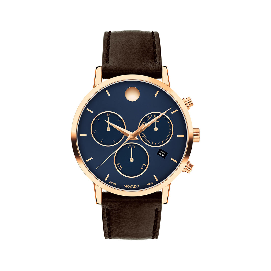 Movado Men's Blue Dial Watch Rose Gold Tone Case Quartz