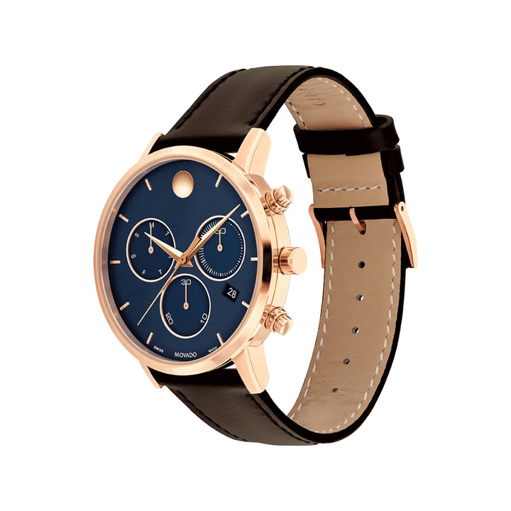 Movado Men's Blue Dial Watch Rose Gold Tone Case Quartz