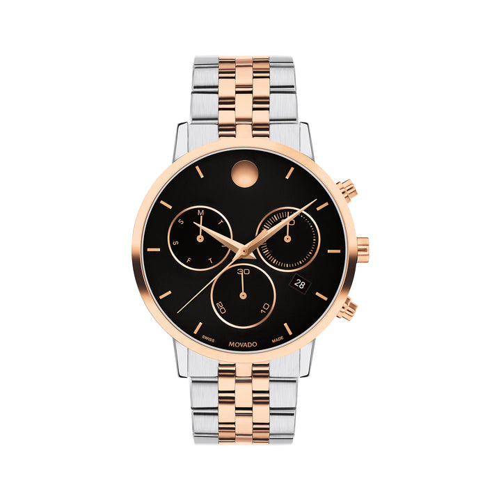 Movado Men's Black Dial Watch Rose Gold Tone Case Quartz