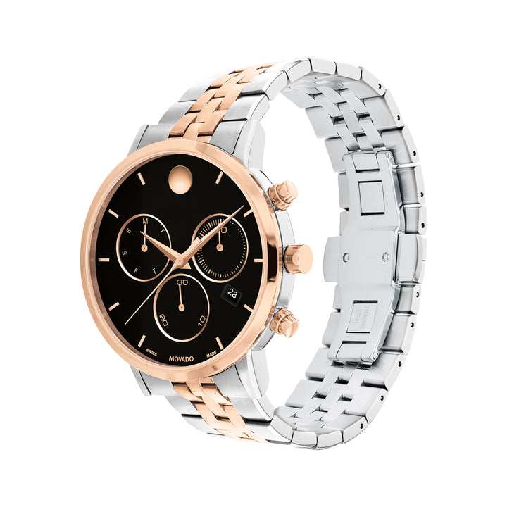 Movado Men's Black Dial Watch Rose Gold Tone Case Quartz