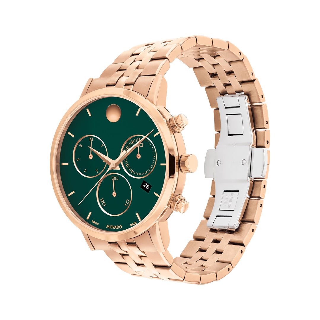 Movado Men's Green Dial Watch Rose Gold Tone Case Quartz