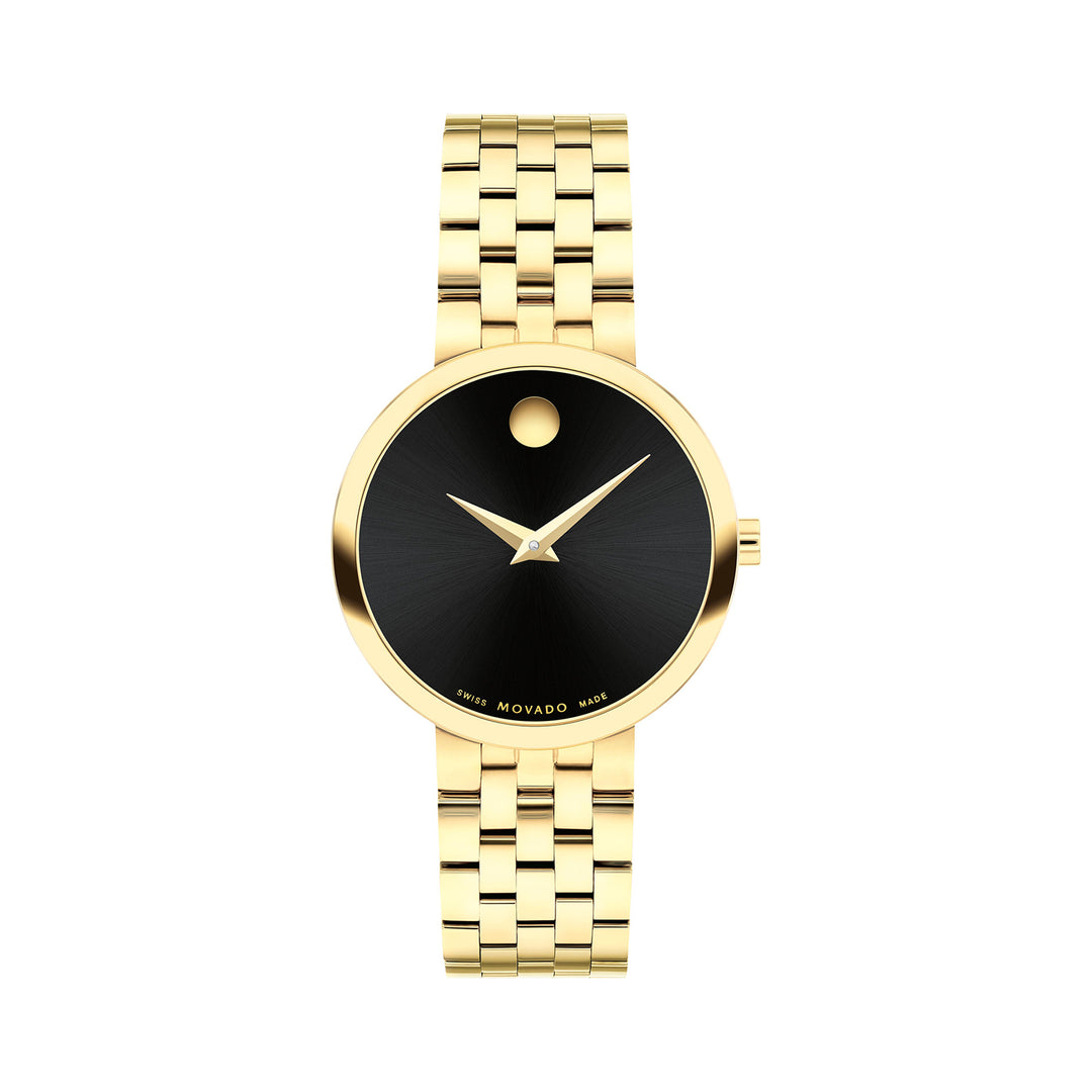 Movado Ladies Black Dial Watch Gold Tone Case Quartz