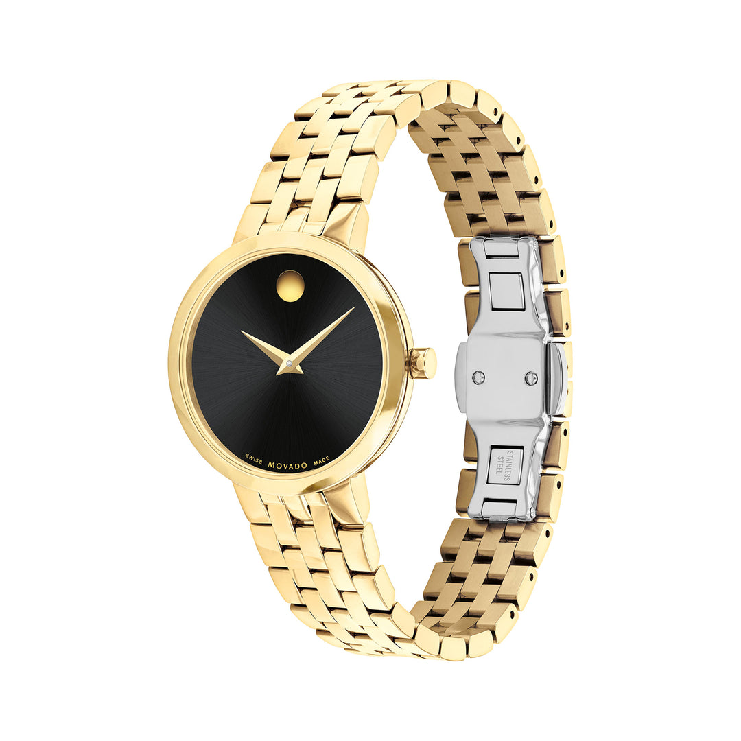 Movado Ladies Black Dial Watch Gold Tone Case Quartz